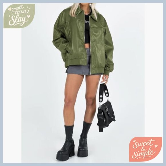 Oversized Faux Leather Bomber Jacket Long Sleeve Motorcycle Style - Picture 5 of 7